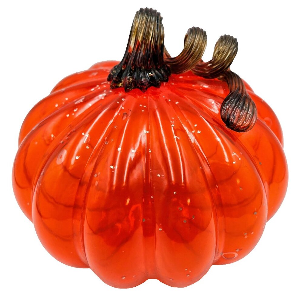 Hand Blown Art Glass Pumpkin Orange Gold Flecks Stem Halloween Fall Decoration